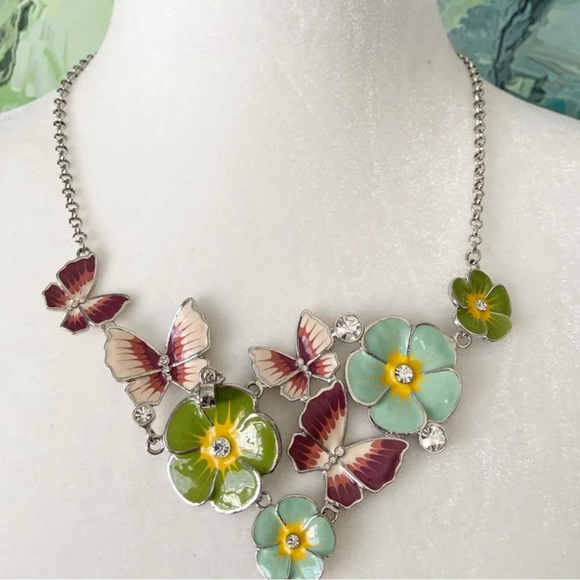 Padma Lakshmi Enamel & Rhinestones Flower Butterfly Necklace PL Rare - Picture 1 of 3